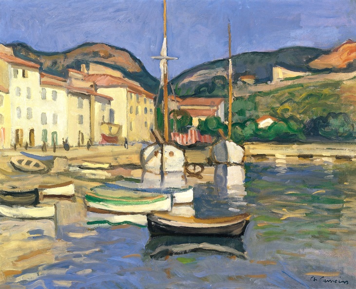 CAMOIN_CHARLES_CASSIS_HARBOUR_TWO_FISHING_VESSELS_TARTANS_1905_TH_BO.JPG