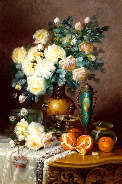 CARLIER MAX ALBERT WHITE ROSES ORANGES AND PORCELAIN URN ON DRAPED TABLE