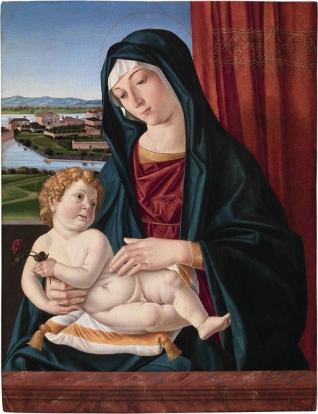 CASELLI CRISTOFORO MADONNA AND CHILD WITH ROSE ON VENETIAN LAGOON BACKGROUND