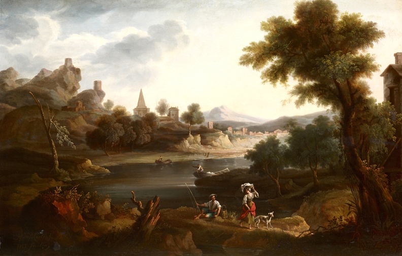 CORTES ANDRES Y AGUILAR RIVER LANDSCAPE WITH WASHERWOMAN AND FISHERMAN