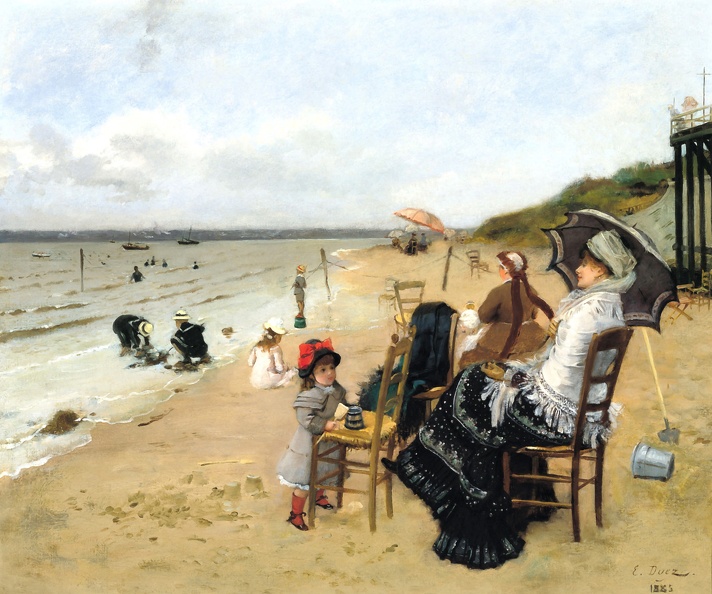 DUEZ ERNEST ANGE MOTHER DAUGHTER ON BEACH 1885 TH BO