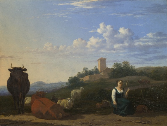DUJARDIN KAREL WOMAN WITH CATTLE AND SHEEP IN ITALIAN LANDSCAPE LO NG