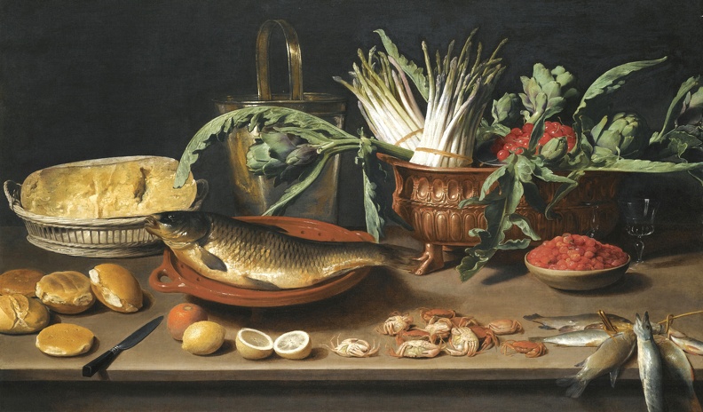 ES JACOB VAN STILLIFE FISH ON TERRACOTTA PLATE BUNCHES OF ASPARAGUS ARTICHOKES CHERRIES IN SCALLOPED DISH SOTHEBY