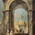 GUARDI FRANCESCO ARCHITECTURAL CAPRICCIO WITH ELEGANTLY DRESSED FIGURES AND DOG AT ENTRANCE TO PALACE