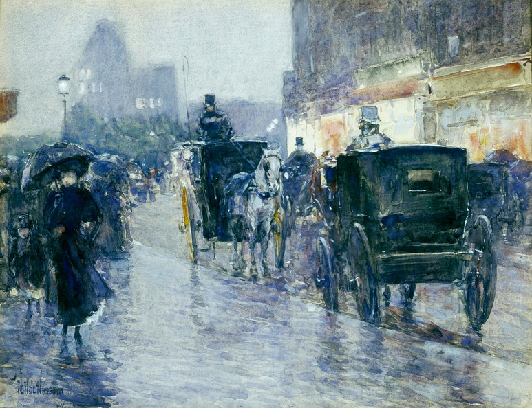HASSAM CHILDE HORSE DRAWN CABS AT EVENING NEW YORK 1890