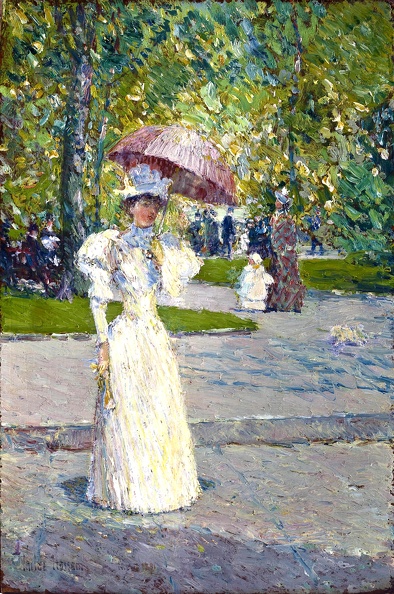 HASSAM CHILDE WOMAN PARASOL IN PARK 1891