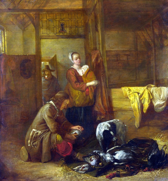 HOOCH PIETER DE MAN WITH DEAD BIRDS AND OTHER FIGURES IN STABLE LO NG