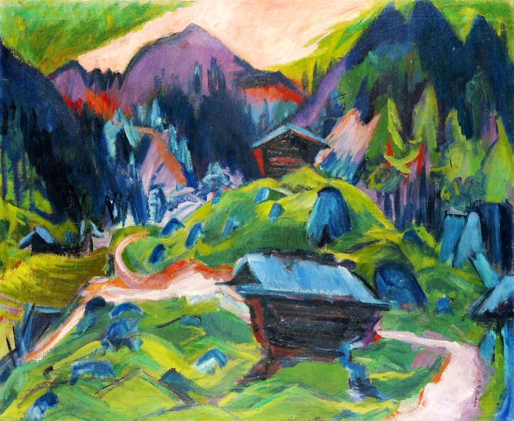 KIRCHNER ERNST LUDWIG KUMMERALP MOUNTAIN AND TWO SHEDS 1920