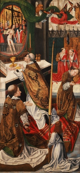 MASTER OF AACHEN ALTARPIECE TRIPTYCH WITH SCENES FROM CHRISTS PASSION REVERSE OF LEFT WING MASS OF ST. GREGORY GOOGLE WALTERS