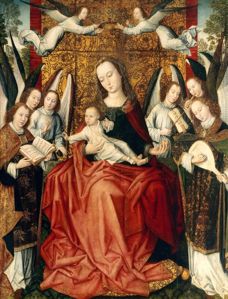 MASTER OF EMBROIDERED FOLIAGE MADONNA AND CHILD ENTHRONED BETWEEN ANGELS 1510 LOUVR