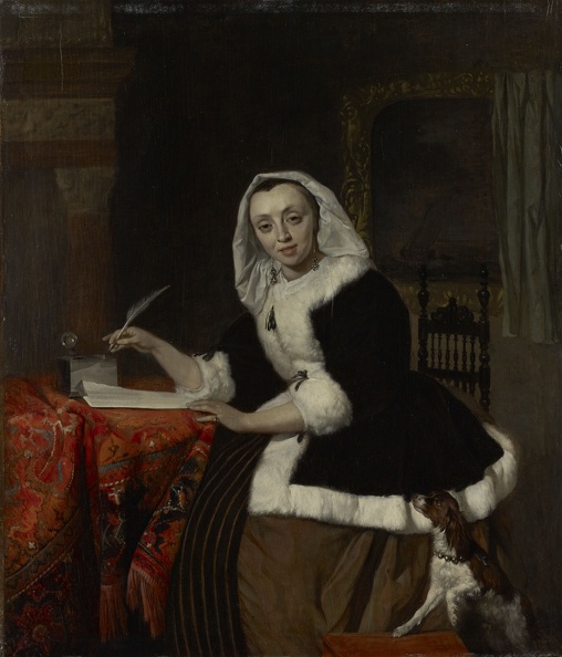 METSU GABRIEL ELEGANT LADY WRITING AT HER DESK 1662 64 LEIDEN COLLECTION NEW YORK