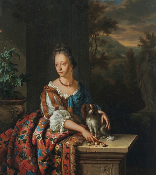 MIERIS WILLEM VAN ELDER PRT OF YOUNG LADY WITH SPANIEL POSSIBLY DIN