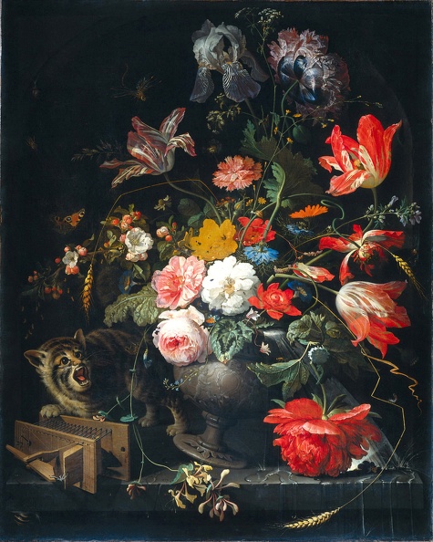 MIGNON ABRAHAM STILLIFE FLOWERS IN VASE RAT TRAP AND CAT 1660 1679 STEDELIJK
