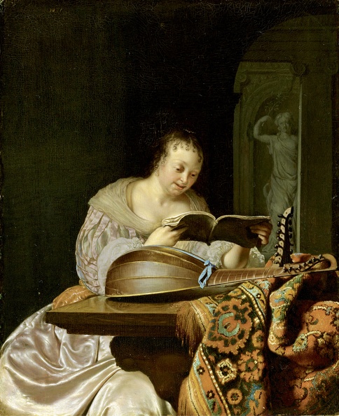 MIERIS FRANS VAN ELDER WOMAN READING MUSIC AT PARTIALLY DRAPED TABLE WITH DOUBLE MEISTERDRUCKE