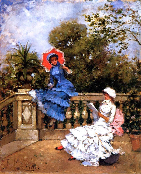 MIRALLES FRANCESCO GALUP TWO LADIES CONVERSING ON TERRACE 1881