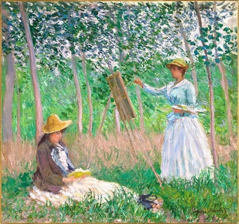 MONET CLAUDE IN WOODS AT GIVERNY BLANCHE HOSCHEDE AT HER EASEL WITH SUZANNE HOSCHEDE READING GOOGLE