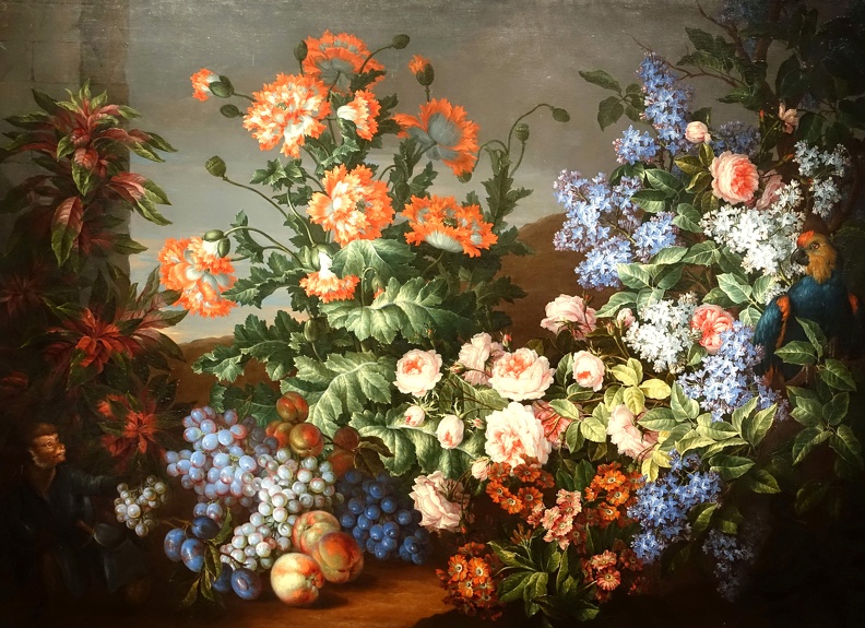 MONNOYER JEAN BAPTISTE STILLIFE FLOWERS FRUITS PARROT AND MONKEY 1690 1699 PORTLAND