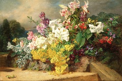 MUTRIE MARTHA STILLIFE FLOWERS AND GRAPES ON LEDGE