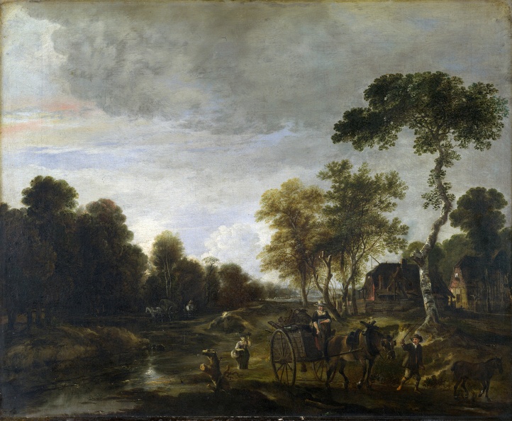 NEER AERT VAN DER EVENING LANDSCAPE WITH HORSE AND CART BY STREAM LO NG