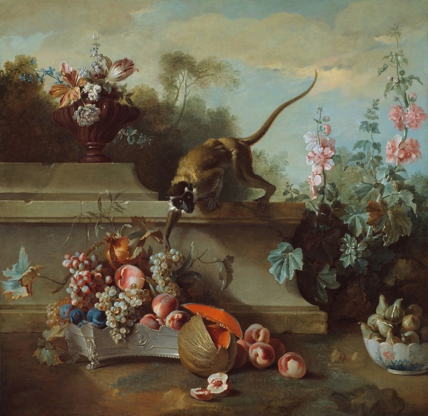 OUDRY JEAN BAPTISTE STILLIFE MONKEY FRUITS AND FLOWERS CHICA