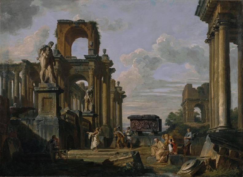 PANINI GIOVANNI PAOLO ARCHITECTURAL CAPRICCIO OF ROMAN FORUM WITH PHILOSOPHERS AND SOLDIERS AMONG ANCIENT RUINS IN GOOGLE