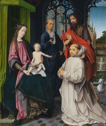 PROVOOST JAN VIRGIN AND CHILD ENTHRONED WITH STS JEROME AND JOHN BAPTIST AND KNEELING CARTHUSIAN MONK RIJK