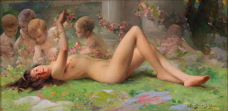 QUINSAC PAUL FRANCOIS RECLINING NUDE WITH PUTTI 1901B