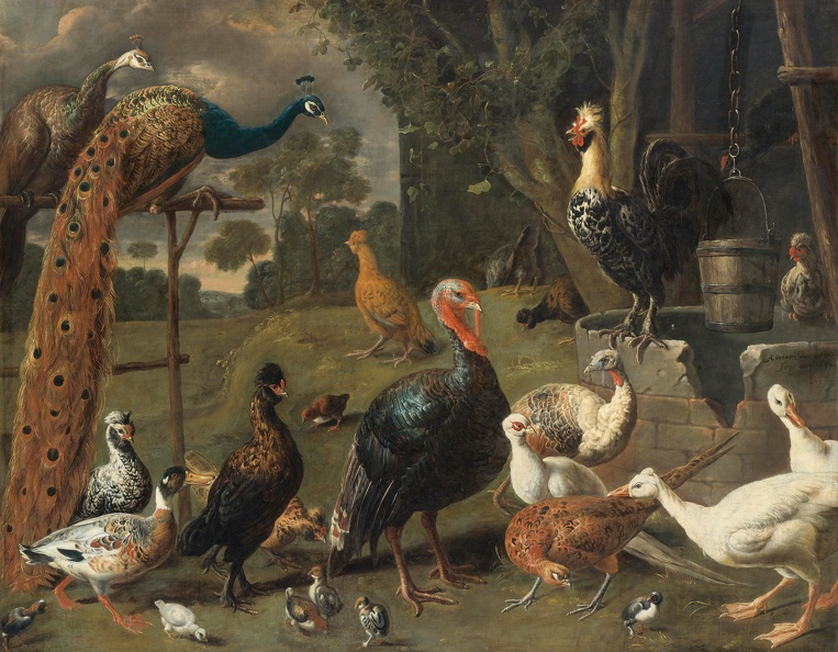 UTRECHT_ADRIAEN_VAN_PEACOCK_AND_PEAHEN_ON_PERCH_TURKEYS_PHEASANT_AND_POULTRY_BY_WELL.JPG