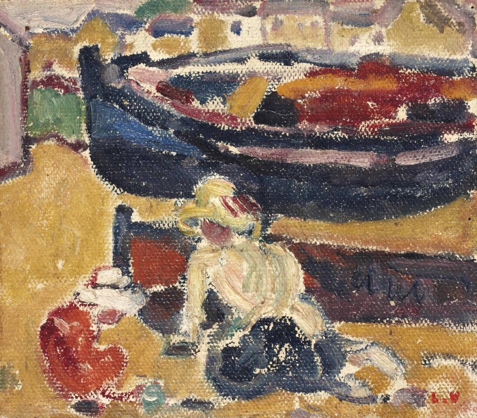 VALTAT LOUIS WOMAN AND CHILD PLAYING NEAR BARQUES 1905