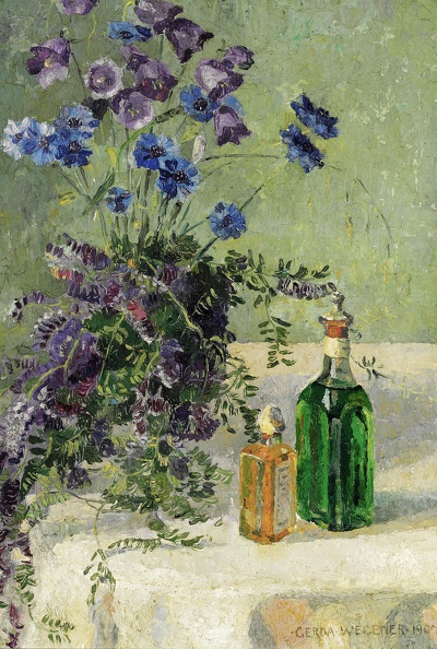 WEGENER GERDA LAYOUT WITH DIFFERENT BLUE FLOWERS AND TWO BOTTLES ON TABLE 1907