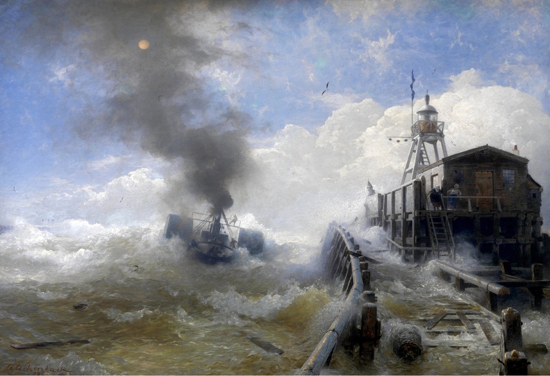 ACHENBACH ANDREAS TUGBOAT LEAVES OSTEND HARBOR AT FLOOD ROYAL