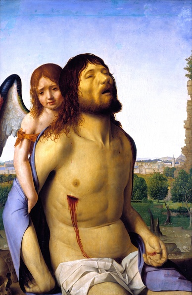 ANTONELLO DA MESSINA DEAD CHRIST SUPPORTED BY ANGEL 1475 1476 PRADO