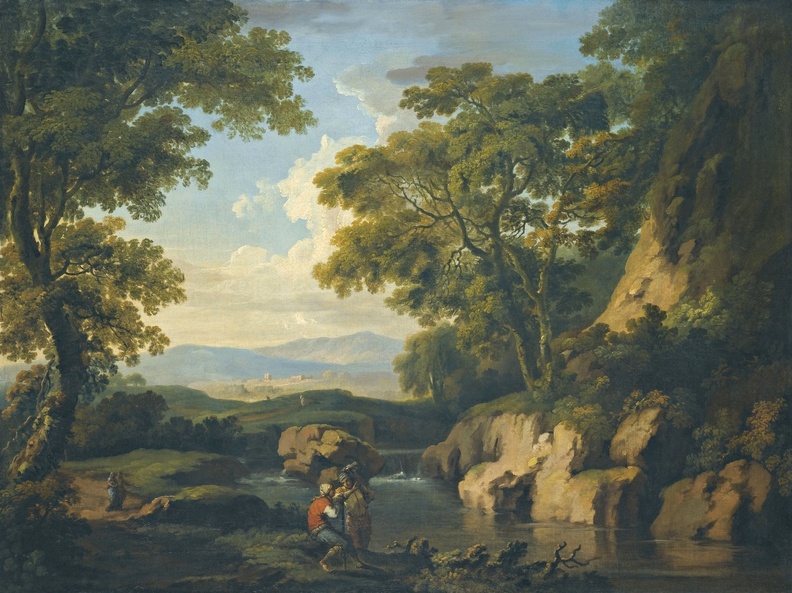 BARRET GEORGE MOUNTAINOUS WOODED LANDSCAPE FIGURES BY RIVER IN FOREGROUND SOTHEBY