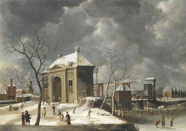 BEERSTRATEN JAN ABRAHAMSZ AMSTERDAM VIEW OF HEILIGEWEGSPOORT FROM NORTH WEST SKATERS ON FROZEN CANAL SOTHEBY