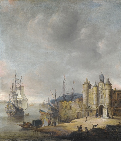 BEERSTRATEN JAN ABRAHAMSZ HARBOUR SCENE MAN OF WAR AND OTHER SHIPPING FIGURES CONVERSING ON SHORE SOTHEBY