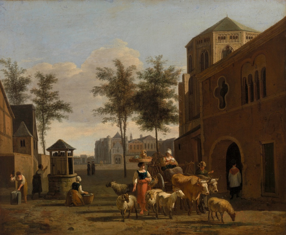 BERCKHEYDE GERRIT ADRIAENSZ VIEW OF TOWN FIGURES GOATS AND WAGON BEFORE CHURCH BF829 BARNES FOUNDATION