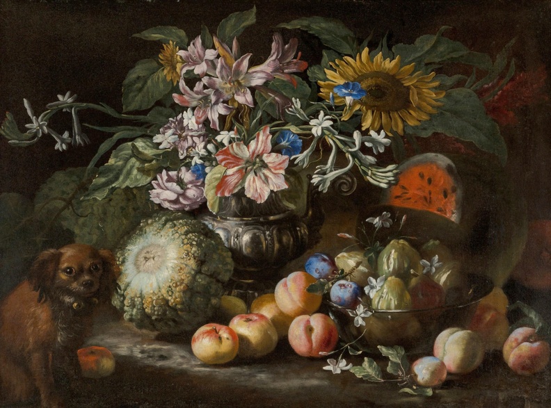 BLOEMAERT ABRAHAM STILLIFE FRUIT AND FLOWERS IN FOOTED GADROONED SILVER VASE SPANIEL LOOKING ON 1685