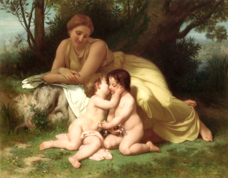 BOUGUEREAU W. AD. YOUNG WOMAN CONTEMPLATING TWO EMBRACING CHILDREN 1861