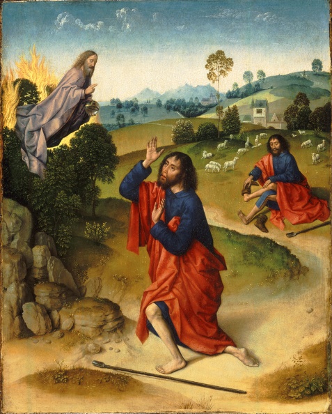 BOUTS DIERIC ELDER NETHERLANDISH ACTIVE LOUVAIN FIRST SECURELY DOCUMENTED 1447 DIED 1475 MOSES AND BURNING BUSH WITH MOSES REMOVING HIS SHOES GOOGLE