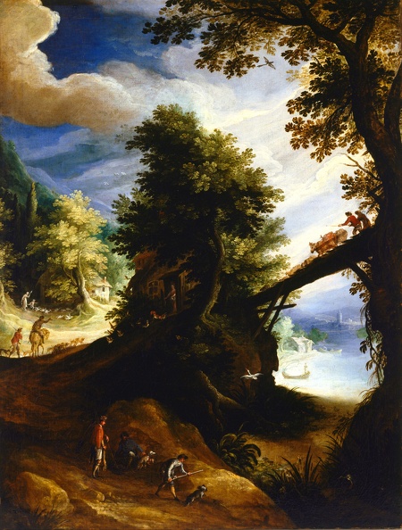 BRIL PAUL WOODED LANDSCAPE WITH BRIDGE AND SPORTSMEN AT EDGE OF RIVER GOOGLE