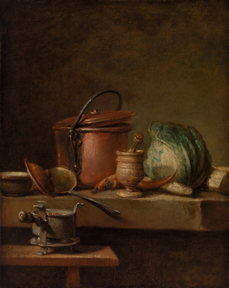 CHARDIN JEAN BAPTISTE SIMEON STILLIFE WITH COPPER POT CABBAGE PESTLE AND STOVE BETWEEN 1732 AND 1740