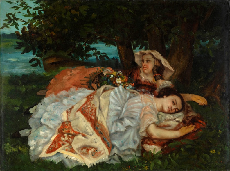 COURBET GUSTAVE PRT OF YOUNG LADIES ON BANK OF SEINE LO NG