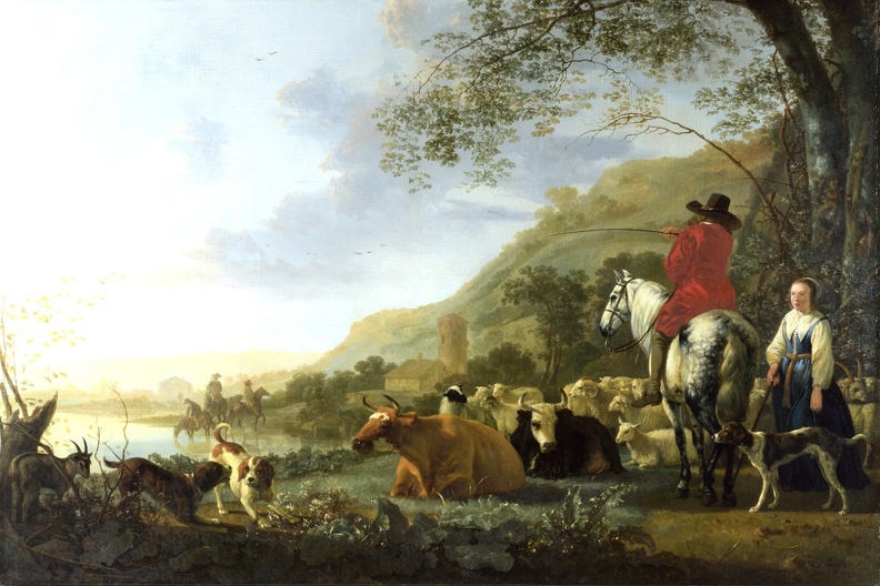 CUYP AELBERT HILLY RIVER LANDSCAPE RIDER SPEAKING SHEPHERDESS 1655 60 LO NG