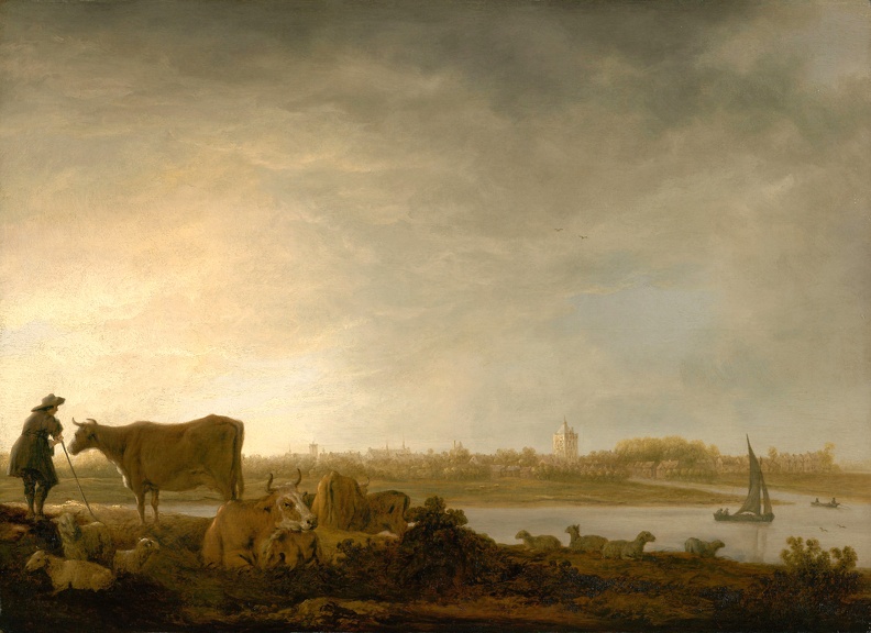 CUYP AELBERT VIEW OF VIANEN WITH HERDSMAN AND CATTLE BY RIVER CHICA