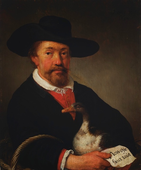 CUYP JACOB GERRITSZ MAN WEARING HAT AND HOLDING GOOSE AND LETTER