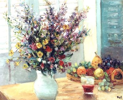 DYF MARCEL STILLIFE VASE OF FLOWERS AND FRUIT ON TABLE