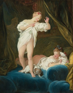 FRAGONARD JEAN TWO GIRLS ON BED PLAYING WITH THEIR DOGS RESNICK