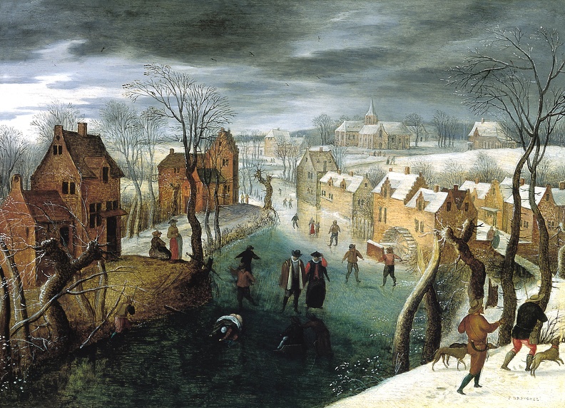 GRIMMER JACOB WINTER LANDSCAPE SKATERS VILLAGE ON FROZEN RIVER AND HUNTERS IN FOREGROUND TH BO
