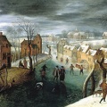 GRIMMER JACOB WINTER LANDSCAPE SKATERS VILLAGE ON FROZEN RIVER AND HUNTERS IN FOREGROUND TH BO