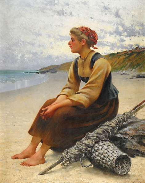 HAGBORG AUGUST MUSEL PICKER SEATED ON BEACH
